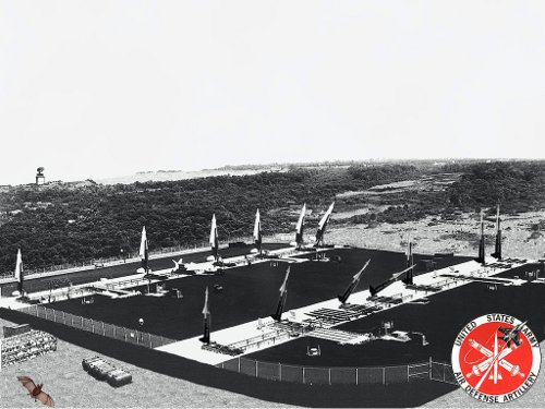 aerial photo of launchers when operational, showing 14 missiles