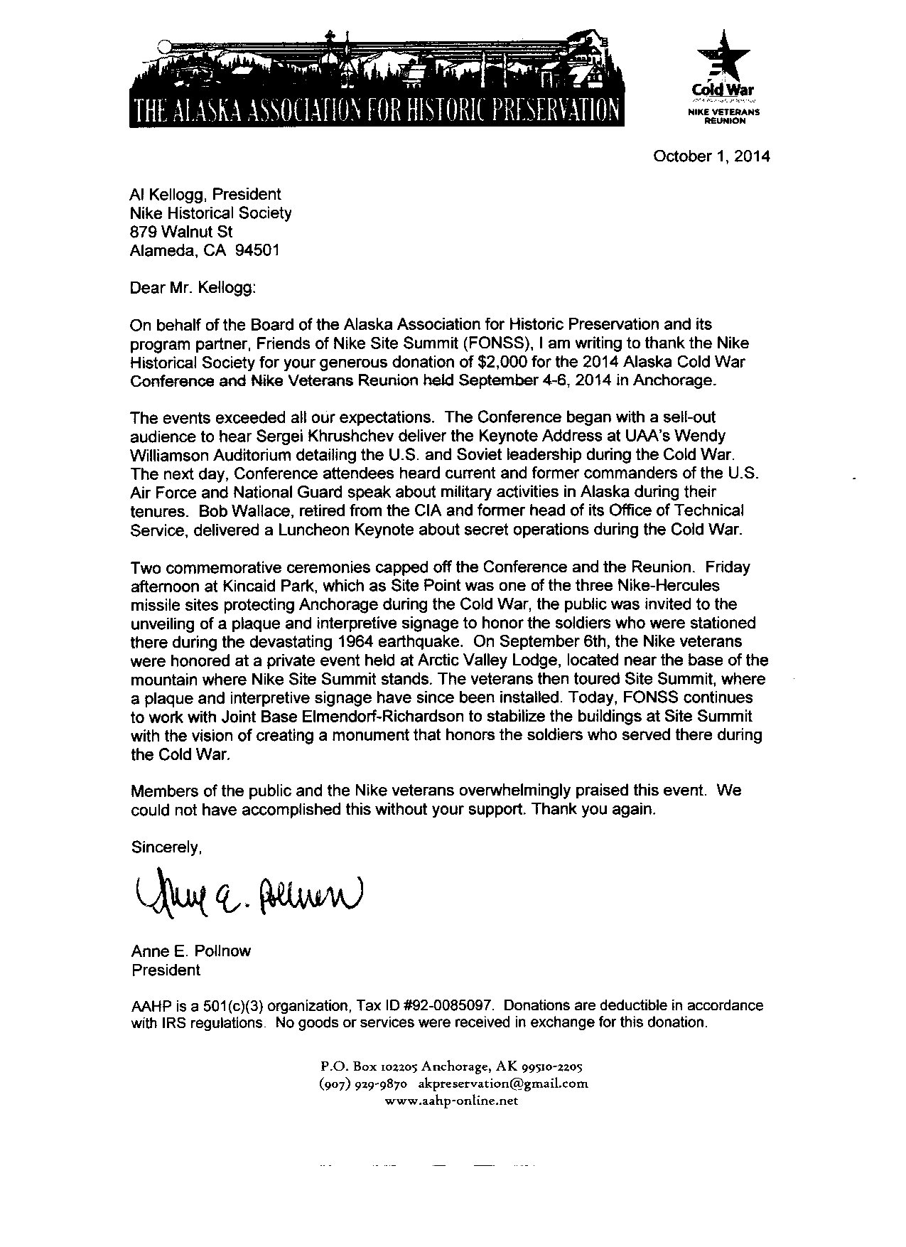 Thank you letter from the Alaska Association for Historic Preservation